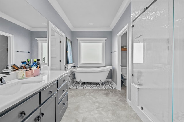 full bathroom featuring vanity, toilet, ornamental molding, and plus walk in shower