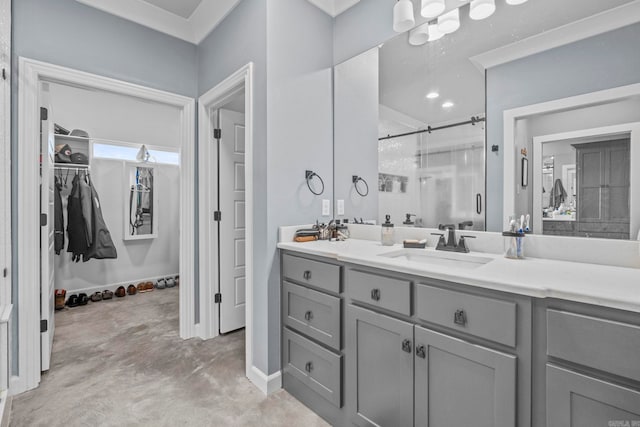 bathroom featuring vanity, concrete floors, and a shower with shower door