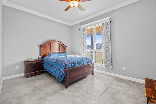 bedroom with ornamental molding and ceiling fan