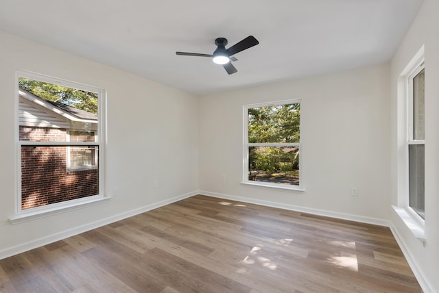 spare room with light hardwood / wood-style floors, plenty of natural light, and ceiling fan