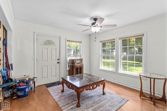 sitting room featuring ceiling fan, light wood-type flooring, and ornamental molding