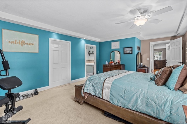 bedroom with light colored carpet and ceiling fan