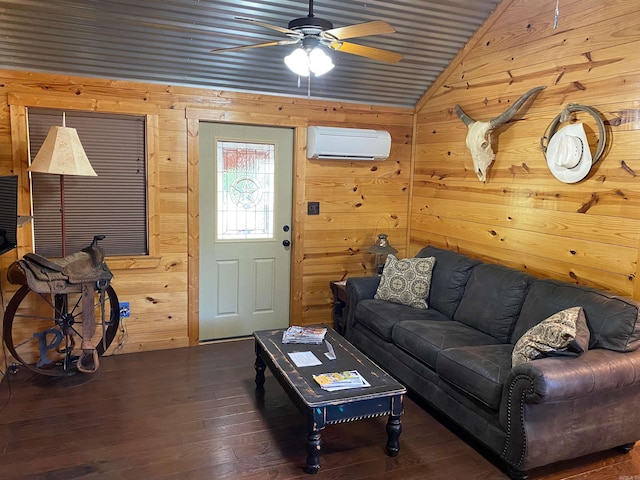 living room featuring a wall mounted AC, wooden walls, dark wood-type flooring, and vaulted ceiling