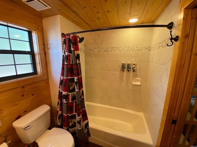 bathroom featuring wood ceiling, wood walls, shower / bathtub combination with curtain, and toilet