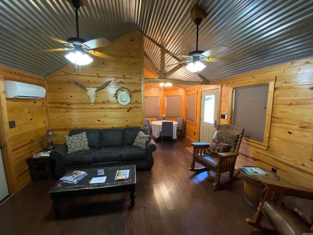 living room with a wall mounted air conditioner, ceiling fan, vaulted ceiling, wooden walls, and dark wood-type flooring