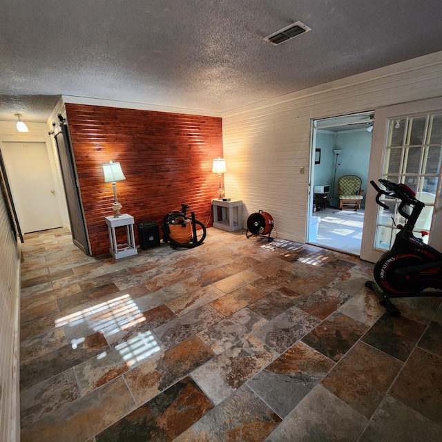 living room with a barn door and wooden walls