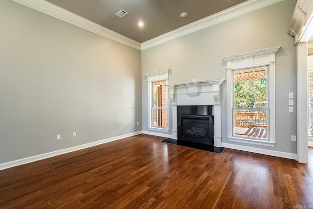 unfurnished living room featuring dark wood-type flooring and ornamental molding