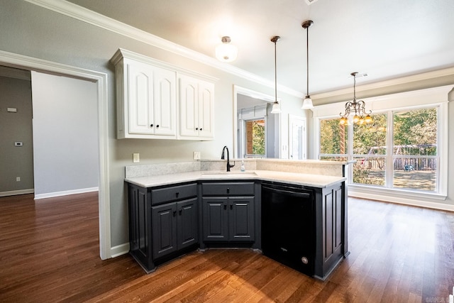 kitchen featuring sink, dishwasher, dark hardwood / wood-style flooring, white cabinets, and an inviting chandelier