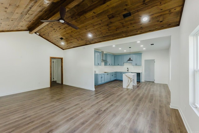 unfurnished living room with lofted ceiling with beams, wood ceiling, light hardwood / wood-style floors, and ceiling fan