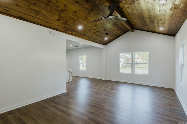 unfurnished room featuring wood ceiling, lofted ceiling with beams, ceiling fan, and dark hardwood / wood-style flooring