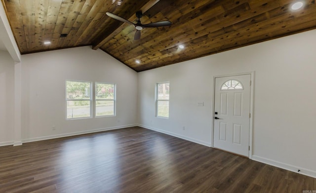 foyer entrance with vaulted ceiling with beams, ceiling fan, wooden ceiling, and dark hardwood / wood-style flooring