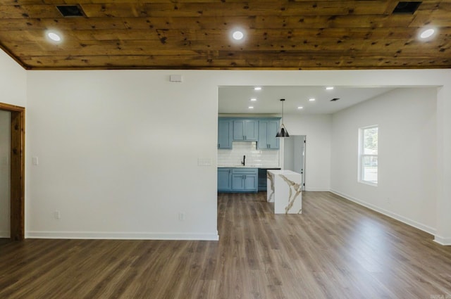 unfurnished living room with dark hardwood / wood-style flooring, sink, and wooden ceiling