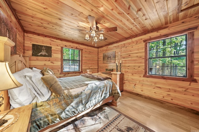 bedroom with hardwood / wood-style floors, ceiling fan, wood ceiling, and wooden walls