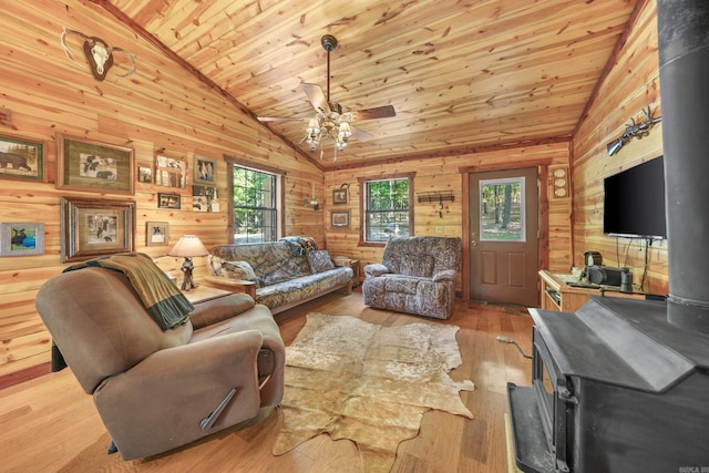 living room with a wood stove, wood walls, and plenty of natural light