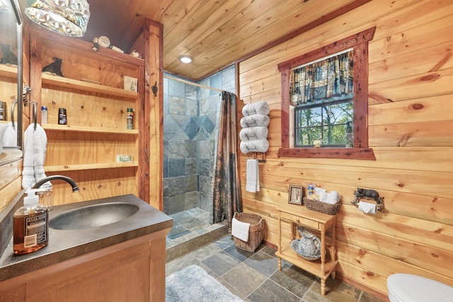 bathroom featuring wood ceiling, curtained shower, toilet, and wood walls