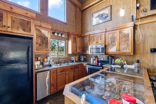 kitchen featuring appliances with stainless steel finishes, sink, a high ceiling, and wooden walls