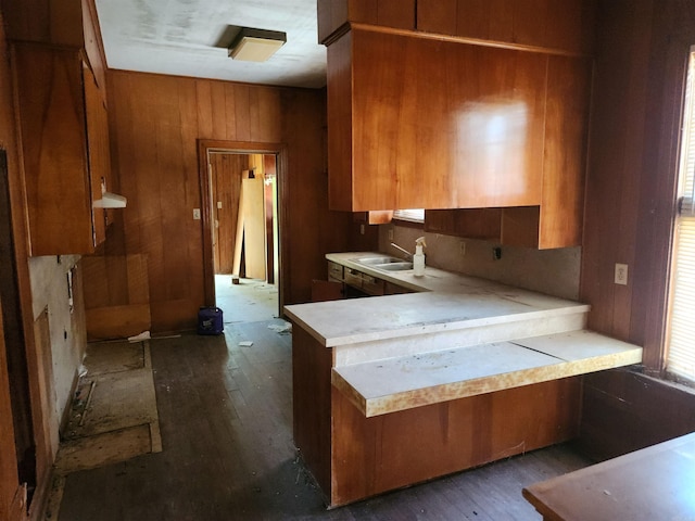 kitchen with wood walls, sink, and dark hardwood / wood-style flooring