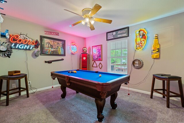 rec room with pool table, carpet, and ceiling fan