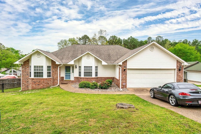 ranch-style house with a front yard and a garage