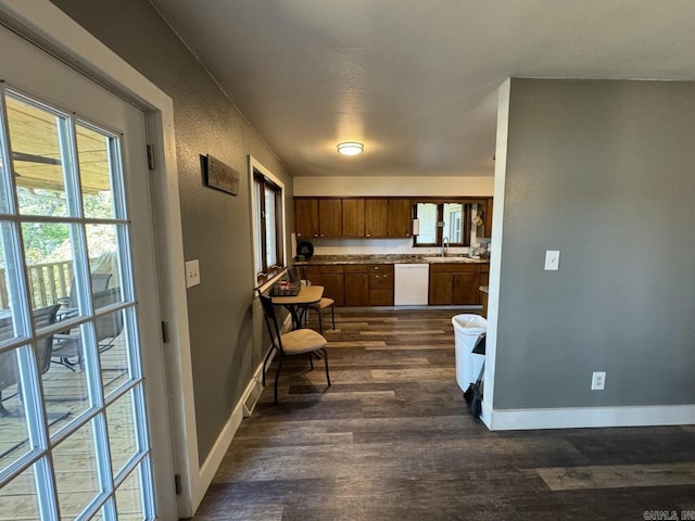 kitchen featuring dark wood-type flooring, white dishwasher, and sink