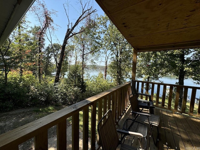 deck featuring a water view