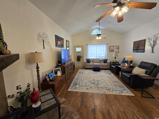 living room featuring ceiling fan, vaulted ceiling, and dark hardwood / wood-style flooring