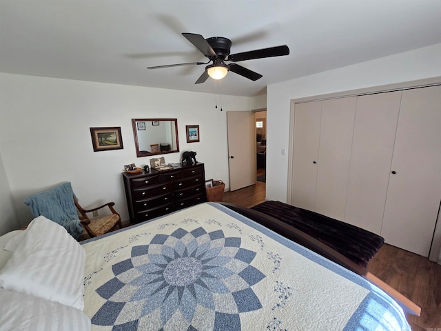 bedroom featuring a closet, dark hardwood / wood-style floors, and ceiling fan