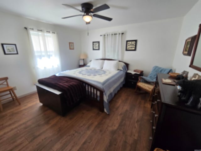 bedroom featuring ceiling fan and dark hardwood / wood-style flooring