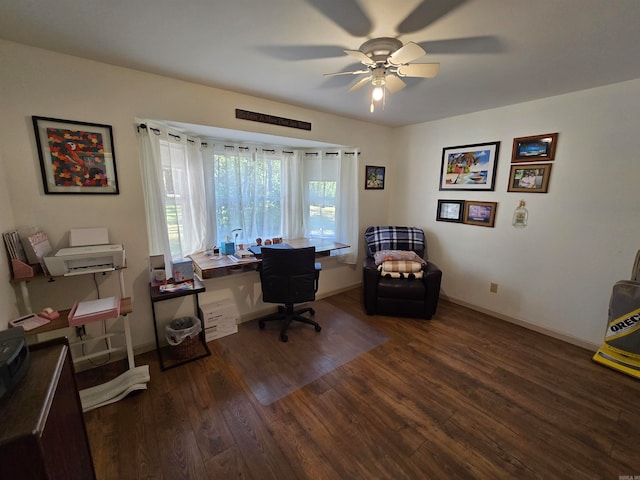 home office featuring dark wood-type flooring and ceiling fan