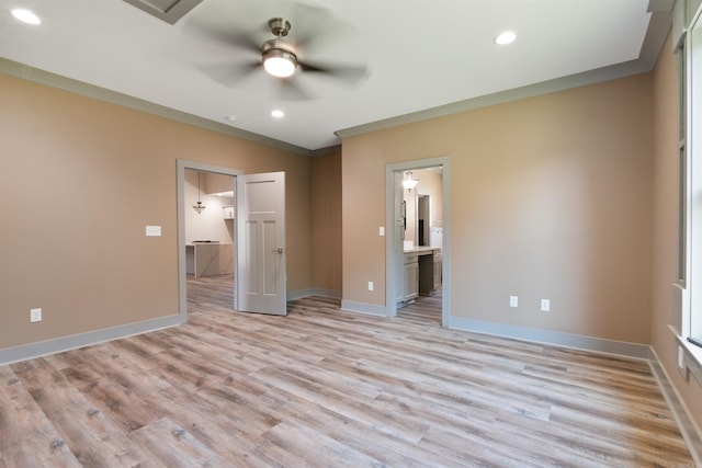 unfurnished bedroom featuring ornamental molding, ceiling fan, light wood-type flooring, and ensuite bath