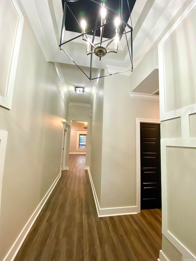 corridor with crown molding, a notable chandelier, and dark hardwood / wood-style flooring