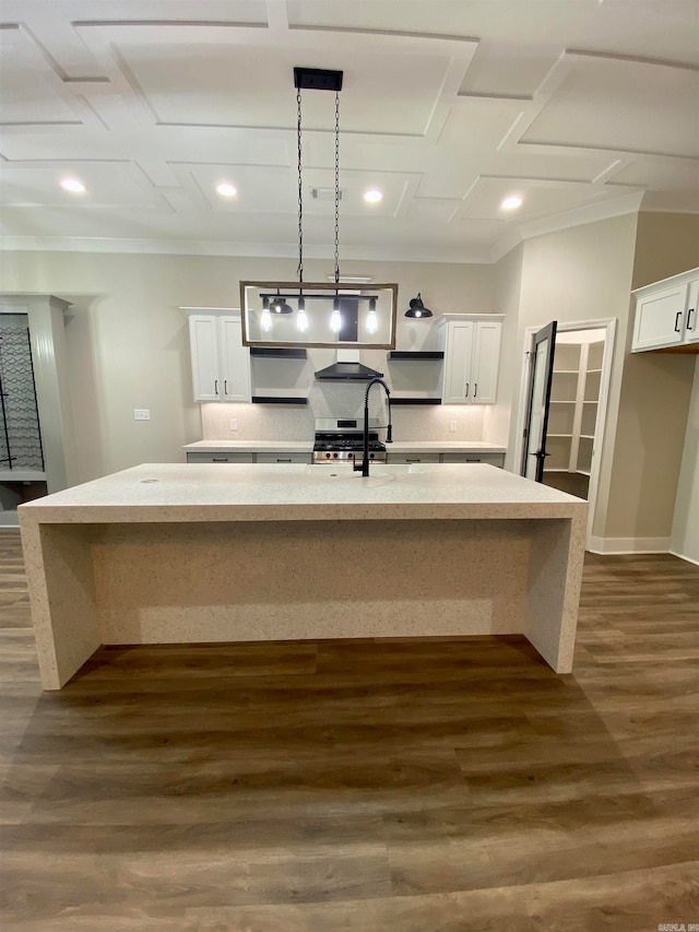 kitchen featuring a large island with sink, decorative light fixtures, dark hardwood / wood-style flooring, white cabinets, and tasteful backsplash