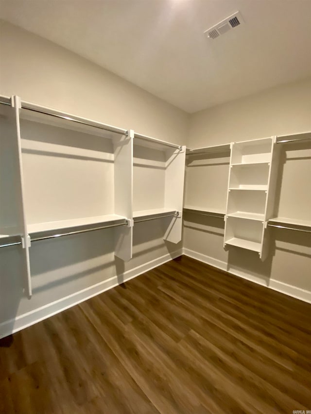 walk in closet with dark hardwood / wood-style floors