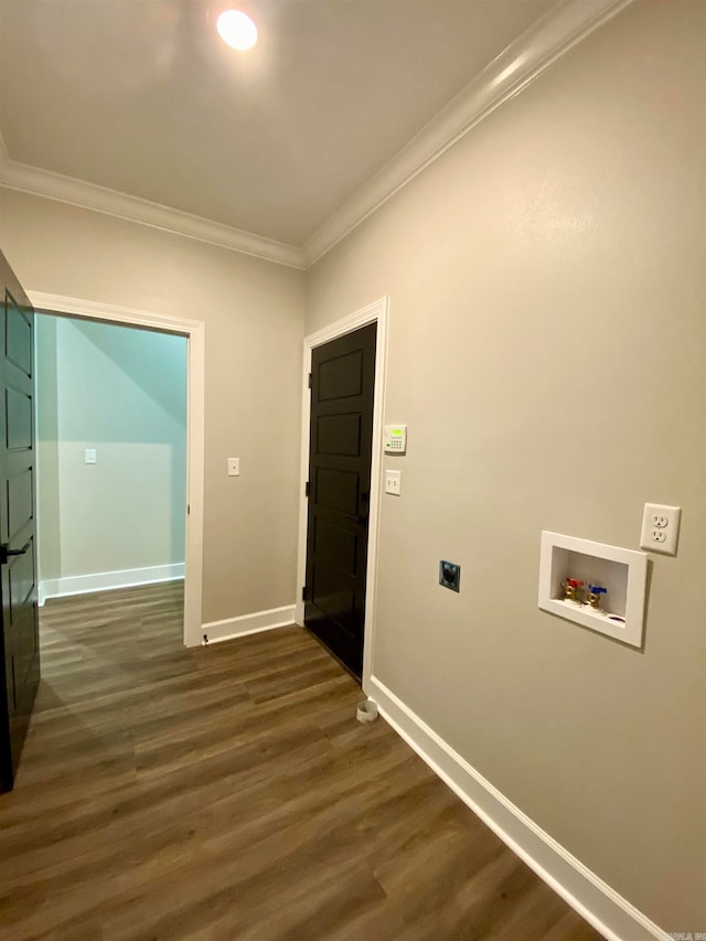 laundry room with crown molding, washer hookup, hookup for an electric dryer, and dark hardwood / wood-style floors