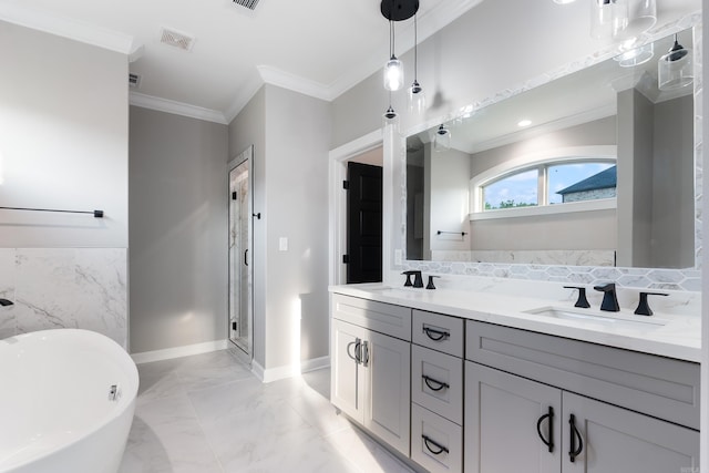 bathroom featuring vanity, independent shower and bath, and ornamental molding