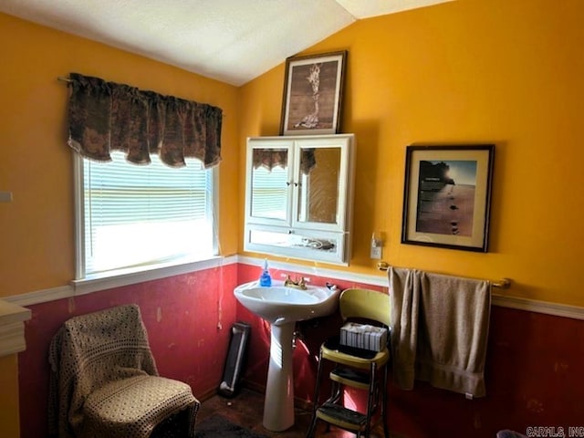 interior space featuring lofted ceiling and sink