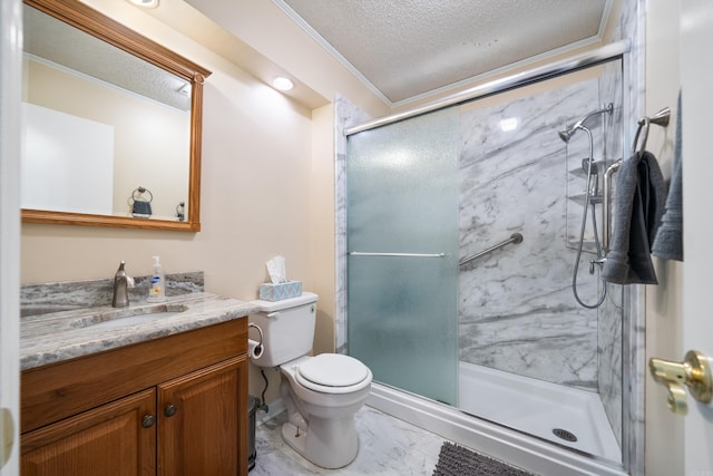 bathroom with a shower with door, a textured ceiling, toilet, vanity, and crown molding