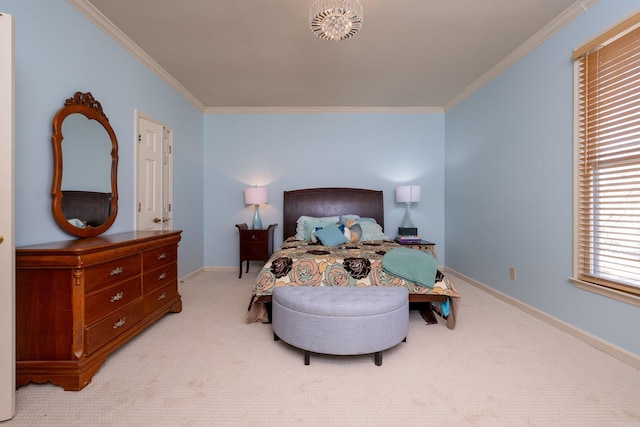 bedroom featuring light carpet and ornamental molding