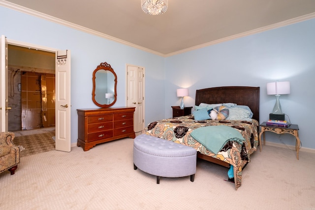 bedroom with light carpet and crown molding