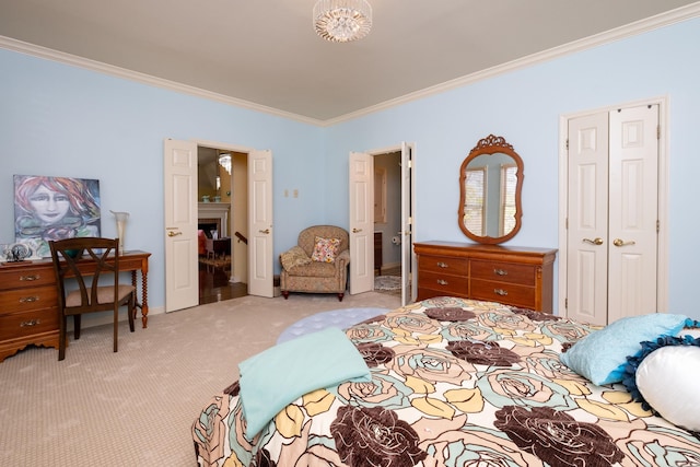 carpeted bedroom with crown molding