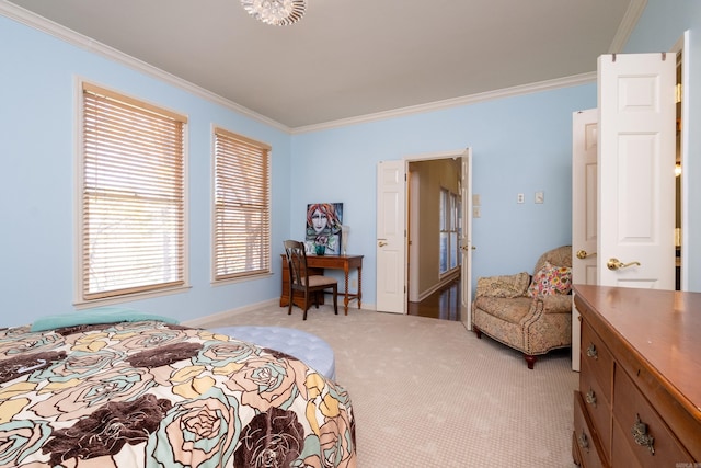 carpeted bedroom with ornamental molding