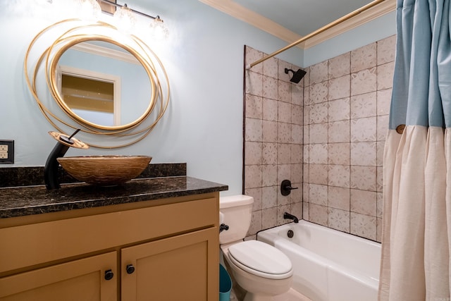 full bathroom with vanity, crown molding, shower / tub combo with curtain, and toilet