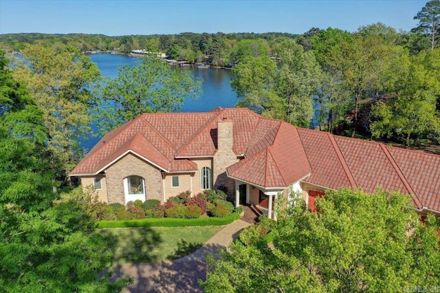 drone / aerial view featuring a water view