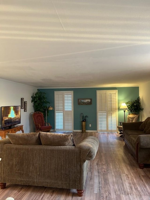 living room featuring hardwood / wood-style flooring and vaulted ceiling