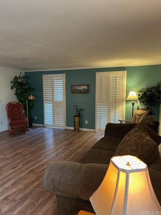 living room featuring hardwood / wood-style floors and crown molding