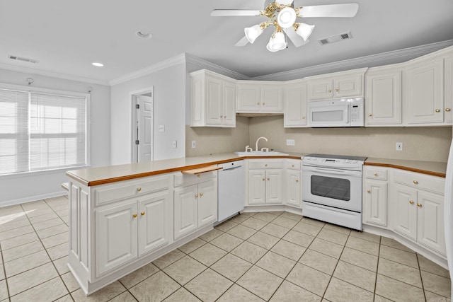 kitchen featuring white appliances, sink, kitchen peninsula, white cabinets, and ornamental molding