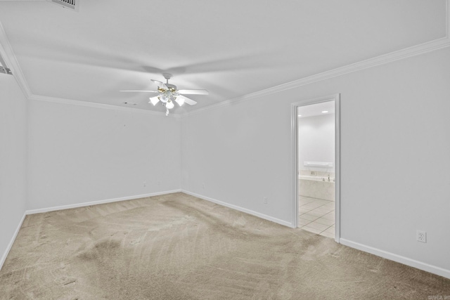 empty room featuring ornamental molding, light carpet, and ceiling fan