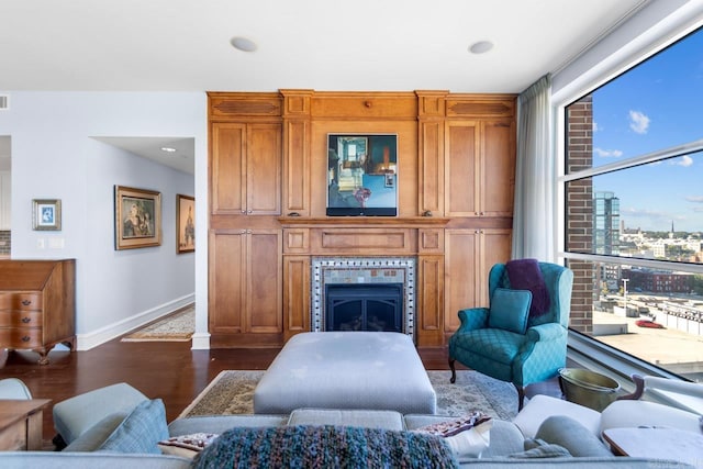 living room with a tiled fireplace and dark hardwood / wood-style flooring