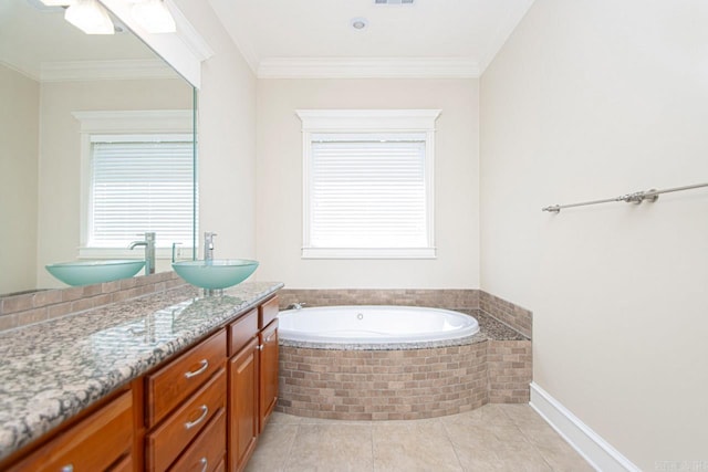 bathroom featuring vanity, crown molding, tiled bath, and tile patterned flooring