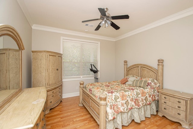 bedroom featuring ceiling fan, ornamental molding, and light wood-type flooring